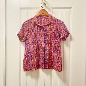Vintage Multicolor Abstract Print Button-Up Blouse Red Pink